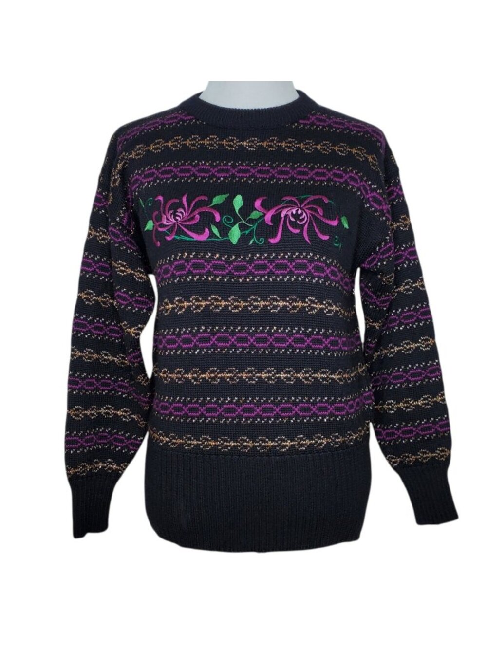 Vintage Meister Wool Blend Sweater Small Embroidered Floral Metallic Womens